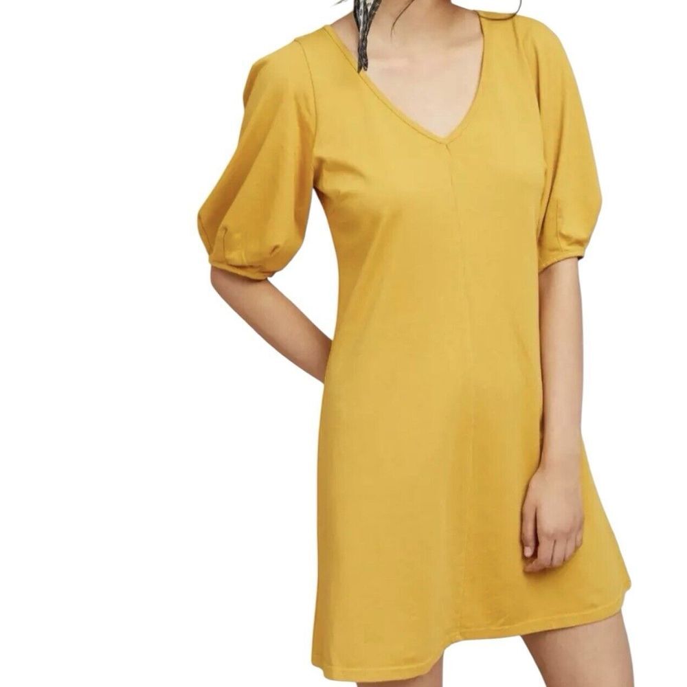Velvet For Anthropologie Dress Women Small Yellow Gold Front-Seamed Puff Sleeve